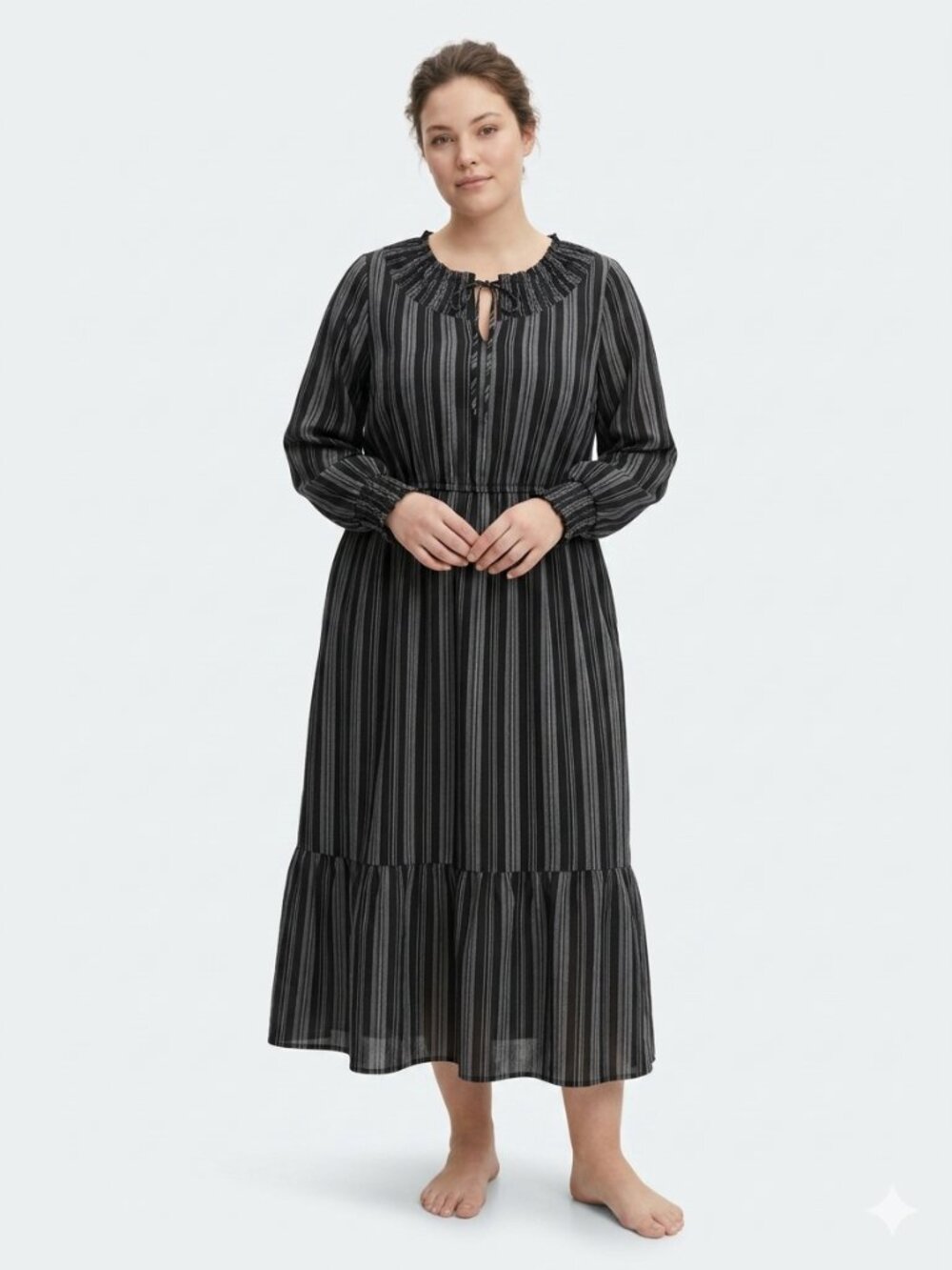 Terra & Sky Dress Black Stripes Midi Ruffle Peasant Grunge Cottage Casual 1X